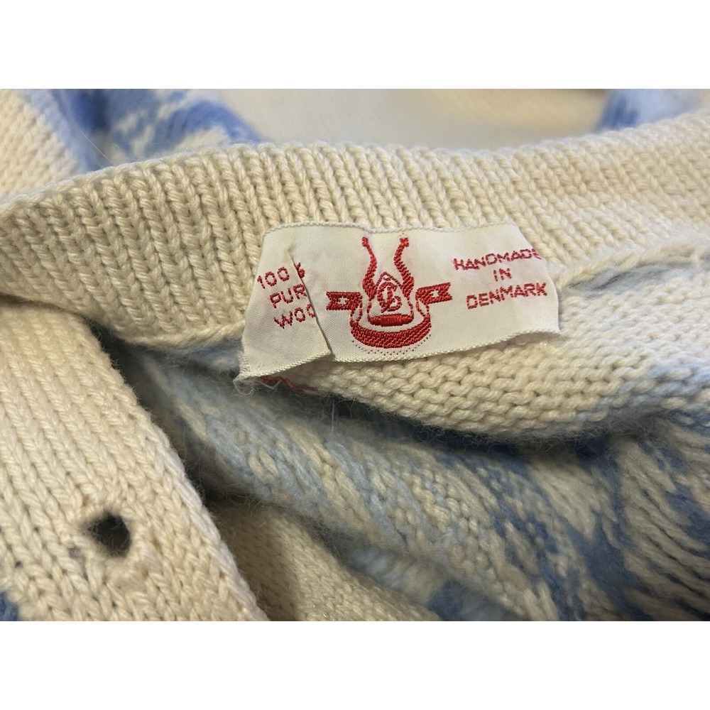 Handmade in Denmark‎ Wool XS (32" Chest) Fair Isle Cardigan Cream Blue Vintage - Picture 16 of 16